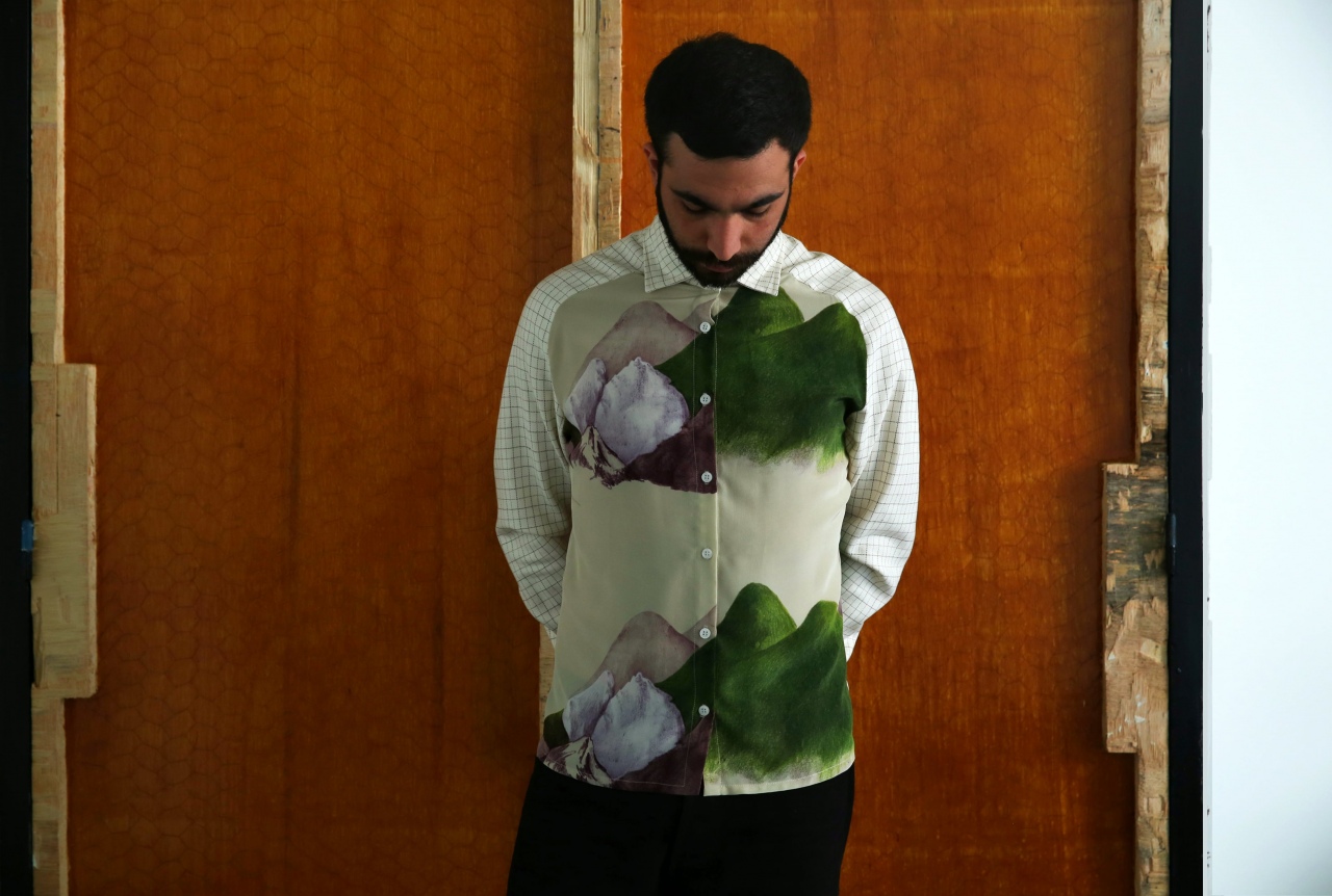 Shirt, silk print Mountain, design Anne Touquet and cotton from end of stock fabric, limited series / 2014